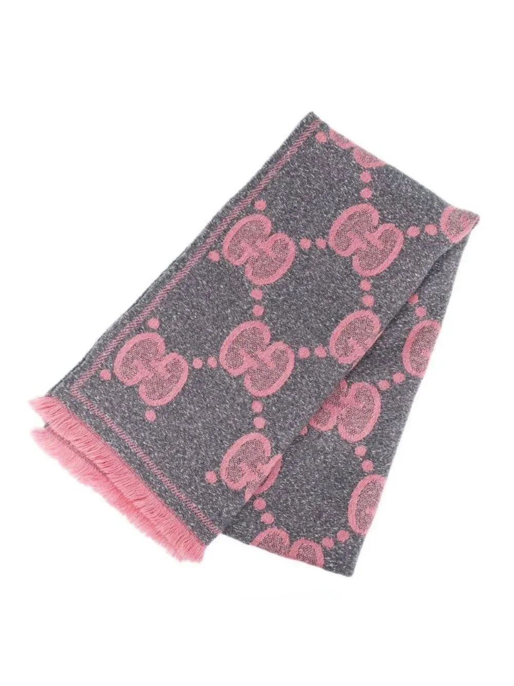 Gucci Ten Scarf Gray Pink GG Jacquard Logo Fringe Wool Shawl